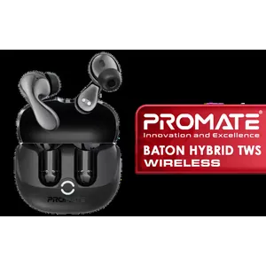 Promate Baton High-Definition Hybrid TWS Earbuds with IntelliTouch - Black / Active Noise Cancellation / IPx4 Water Resistance / Low latency Game Mode