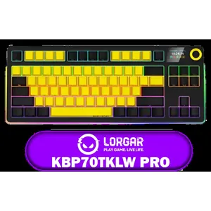 LORGAR KBP70TKLW Pro Wireless TKL Mechanical Gaming Keyboard – Black/Yellow / 85 Keys / Toxic Purple Linear Switches / Hot-Swappable / Gasket Mount / RGB Display / RGB Lighting / Triple Mode Connectivity / Multimedia Smart Knob / Up to 153H Battery / Detachable Cable