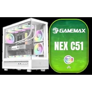 GAMEMAX NEX C51 WH ATX Gaming PC Case – White / 270° Panoramic Tempered Glass / 3x ARGB Fans Pre-Installed / ATX, mATX, ITX Support / 360mm Radiator Support / 175mm CPU Cooler / 410mm GPU Support / USB-C Gen2 + 2x USB 3.0 / Dust Filters