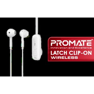 Promate Latch Clip-On High Fidelity Wireless Dynamic Earphones - White / 14.2mm Speaker / Up to 12 hours of Playtime / Crystal Clear Calls / Latch.White