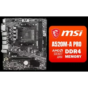 MSI A520M-A PRO AMD Ryzen M-ATX Motherboard / 3rd Gen AMD Ryzen Desktop Processors / Supports AMD Ryzen 5000 Series, 5000 G-Series, 4000 G-Series, 3000 Series, 3000 G-Series, / Supports DDR4 Memory, up to 4600(OC) MHz / AMD Socket AM4 / AMD A520 Chipset / Studio Grade Sound Quality