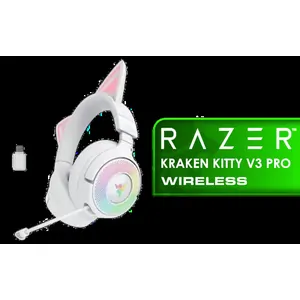 Razer Kraken Kitty V3 Pro Wireless Gaming Headset - White / 40mm audio drivers / Retractable HyperClear wideband mic / USB-C fast charging support / Protein leatherette memory foam cushions / RZ04-05170400-R3M1