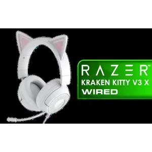 RAZER Kraken Kitty V3 X Wired Gaming Headset - White / Iconic Kitty Ear Design / Razer™ TriForce 40mm Drivers / Razer™ HyperClear Cardioid Mic / 7.1 Surround Sound ( Only available on Windows) / Lightweight 270g Comfort / 3.5mm Cross-Platform Compatibility / RZ04-05350300-R3M1