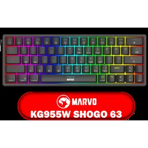 MARVO KG955W Shogo 63 Wireless Mechanical Gaming Keyboard - Yellow Linear Pre-Lubed Switch / Classic 60% Compact Design / 63keys ,Tri-modes Wired, 2.4G and BT Mechanical / Full keys anti-ghosting keyboard / Detachable USB Type-C Cable / KG955W