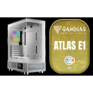 GAMDIAS ATLAS E1 WH Gaming ATX Mid Tower Computer PC Case, Customized Monitor w/Software, 3 x 120mm ARGB Fans(2 Reverse), Supports Motherboards up to ATX, Panoramic Tempered Glass Display, Perforated Airflow Vent PSU Chamber, White