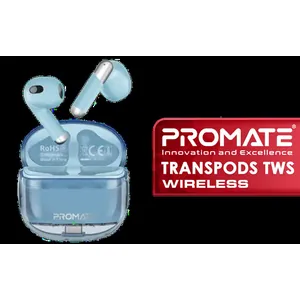 Promate TransPods High-Definition TWS Wireless Earphones - Blue / IntelliTouch Control / Crystal Clear Calls / Up to 26 Hours Playback Time / TRANSPODS.BLUE