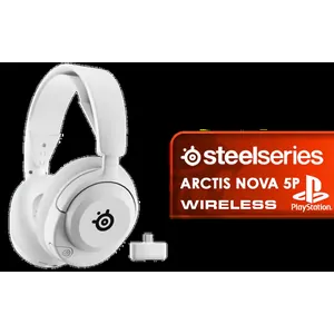 SteelSeries Arctis Nova 5P Wireless Multi-System Gaming Headset - White / Neodymium Magnetic Drivers / 100+ Audio Presets / 60 HR Battery / 2.4GHz or BT / ClearCast / Gen2.X Mic / Xbox, PC, PS, Switch, Mobile / 61674