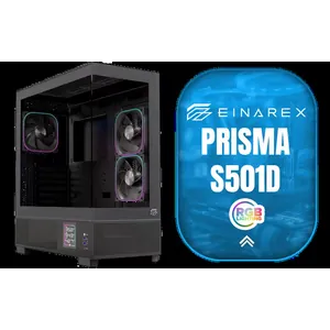 EINAREX Prisma S501D ATX Mid-Tower Gaming Case - Black / SPCC Steel + ABS + Tempered Glass / Supports ATX, Micro-ATX and Mini-ITX Motherboards / USB-C + Dual USB 3.0 I/O Ports / 2×2.5\\\" + 2×3.5\\\" Bays / 7 PCIe Slots / GPU Length 405mm / CPU Cooler 160mm / 3x RGB Fans Included