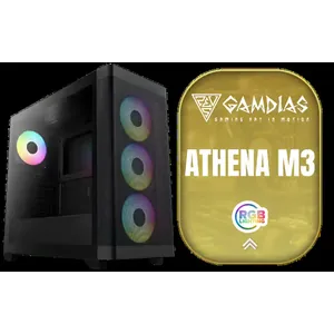 GAMDIAS ATHENA M3 E-ATX Mid Tower PC Case, 4 x 120mm ARGB PWM Fan w/Hub, Supports Motherboards up to E-ATX, Front Airflow Mesh, Tool-Free Tempered Glass Side Panel, MB Sync Ready, Black