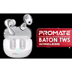 Promate Baton High-Definition Hybrid TWS Earbuds with IntelliTouch - White / Active Noise Cancellation / IPx4 Water Resistance / Low latency Game Mode