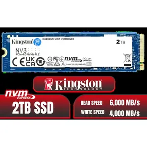 Kingston 2000G NV3 NVMe SSD / Up to 6,000MB/s Read / Up to 4,000MB/s Write / PCIe 4.0 x4 NVMe / M.2 2280 Form Factor / SNV3S/2000G
