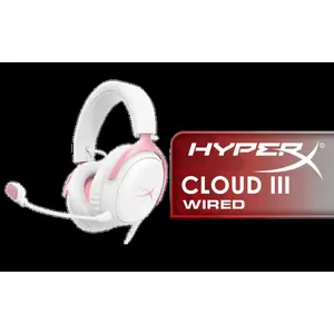HyperX Cloud III Wired Gaming Headset - White/Pink / HyperX Signature Comfort And Durability / Angled 53mm Drivers For Precise Audio / 10mm Noise-Cancelling Microphone With LED Mute Indicator / Multi-Platform 3.5mm USB-C USB-A Connectivity / Wide Compatibility Across PC Consoles And Mobile