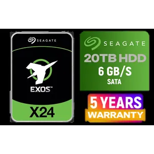 SEAGATE Exos X24 20TB Enterprise HDD / 2.5M-Hour MTBF Enterprise Reliability / Heavy-Duty 550TB/Year Workload Rating / Fast 285MB/s Data Transfer Speeds / Customizable PowerChoice Energy Efficiency / Performance-Boosting Advanced Write Caching / Secure Instant Data Erase Technology