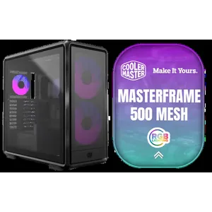 Cooler Master MasterFrame 500 Mesh ARGB Mid-Tower PC Case - Black / Tempered Glass Side Panel / Supports E-ATX Motherboards / GPU Support Bracket Included / FreeForm 2.0 Exo-Structure ATX Case / Open-Frame Modding Design / 390mm GPU Length & 190mm GPU Height Support / Includes GPU Support Bracket / 2x Pre-Installed SickleFlow 200mm ARGB Fans / 1x Pre-Installed 120mm ARGB Fan