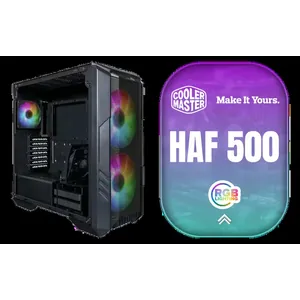 Cooler Master HAF 500 High Airflow ATX Mid-Tower, Mesh Front Panel, Dual 200mm Customizable ARG Lighting Fans, Rotatable GPU Fan, USB 3.2 Gen 2 Type C and Tempered Glass / H500-KGNN-S00