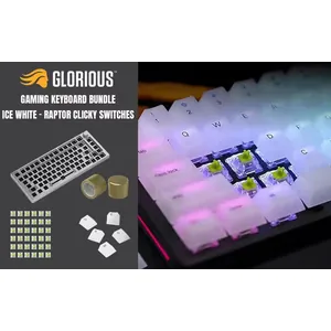 Glorious GMMK Pro White Gaming Keyboard Bundle / GMMK Pro Gasket-mounted 75% layout Gaming Keyboard - White Ice, 16.8 million color RGB Lighting - GLO-GMMK-P75-RGB-W / 3 x Raptor Clicky Pre-Lubed Switches - GLO-SWT-RAPTOR-LUBED / Polychroma Translucent Keycaps - GLO-KC-POLY-RGB / GMMK PRO Rotary Knob - Gold - GLO-ACC-P75-RK-G / (Self-Assembly Required)