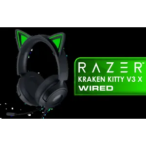 RAZER Kraken Kitty V3 X Wired Gaming Headset - Black / Iconic Kitty Ear Design / Razer™ TriForce 40mm Drivers / Razer™ HyperClear Cardioid Mic / 7.1 Surround Sound ( Only available on Windows) / Lightweight 270g Comfort / 3.5mm Cross-Platform Compatibility / RZ04-05350200-R3M1