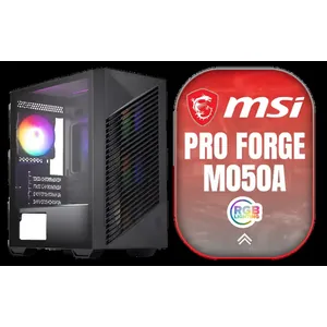 MSI Pro Forge M050A Mini Tower Gaming Case / Supports Motherboards Up to Micro-ATX / Auto Rainbow RGB Fan Lighting / Four Pre-Installed Cooling Fans / Top And Bottom Dust Filters / 3mm Tempered Glass Side Panel