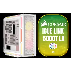 Corsair iCUE LINK 5000T LX RGB Mid-Tower High-Performance Gaming E-ATX PC Case - White / Sleek, uniquely contoured steel chassis / Supports Motherboards up to E-ATX / Integrated Aurora RGB Light Strips / Removable mesh front and roof high airflow panels / 3 x Pre-Installed RGB Fan Included / CC-9011299-WW