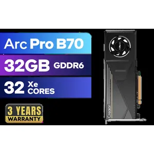 ASRock Intel Pro B70 Creator 32GB Graphics Card / 32GB 256-bit GDDR6 / 32 Compute Units / GPU Clock: 2540 MHz / Next-Gen Intel Xe2-HPG Architecture / Ultra-Fast PCI Express 5.0 Support / Advanced Vapor Chamber Cooling System / 4 DisplayPort 2.1 Output Ports / Durable Die-cast Metal Blower Design