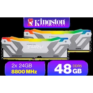 Kingston Fury Renegade RGB 48GB (24GB x 2) 8800Mhz DDR5 Desktop Memory - White / Kit of 2 / 18 Customisable RGB Effects / Intel® XMP 3.0 Certified / Qualified by the world’s leading motherboard manufacturers / Patented Kingston FURY Infrared Sync Technology / KF588CU42RWAK2-48
