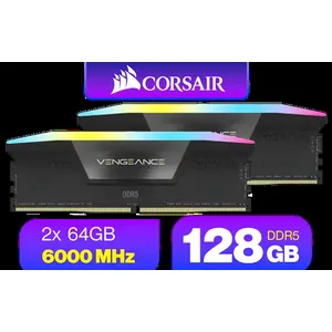 Corsair Vengeance RGB DDR5 128GB (2x64GB) 6000MHz C40 Desktop Memory - Black / Intel Optimized / Dynamic Ten-Zone RGB Lighting / Onboard Voltage Regulation / Custom XMP 3.0 Profiles / Tight Response Times / CMH128GX5M2D6000C40