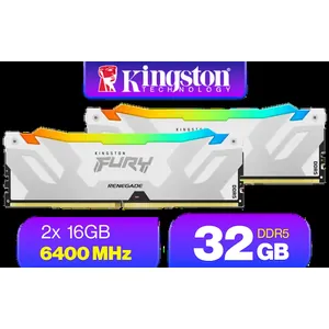 Kingston Fury Renegade RGB 32GB (16GB x 2) 6400Mhz DDR5 Desktop Memory - White / Kit of 2 / 18 Customisable RGB Effects / Infrared Sync Technology / KF564C32RWAK2-32