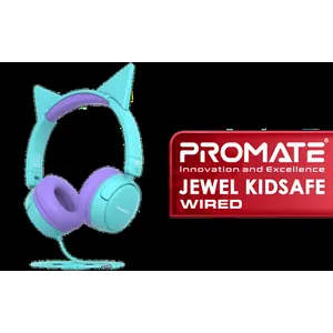 Promate Jewel HD Stereo KidSafe Wired Headset - Aqua / Safe Audio Levels / Adjustable Headband / 3.5mm Aux Connector / Audio Sharing / JEWEL.AQUA