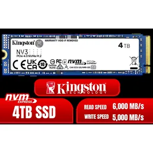 Kingston 4000G NV3 NVMe SSD / Up to 6,000MB/s Read / Up to 4,000MB/s Write / PCIe 4.0 x4 NVMe / M.2 2280 Form Factor / SNV3S/4000G