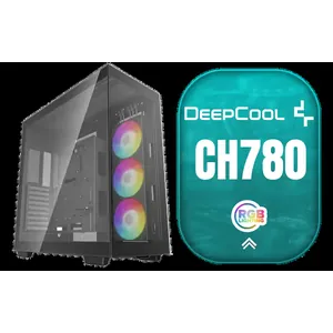 DeepCool CH780 ATX Panoramic case - Tempered Glass Panels - Trinity 140mm ARGB Fans - Dual Chamber Configuration - Vertical Mount and Gen 4 Riser Cable - Type-C - 4x USB 3.0 — Black / CH780