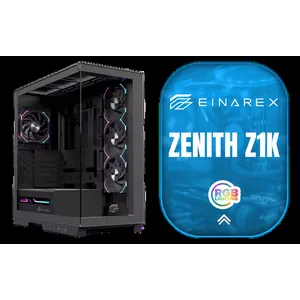 EINAREX Zenith Z1K E-ATX Mid-Tower Case - Black / Supports E-ATX, ATX, Micro-ATX and Mini-ITX Motherboards / Dual Swing-Open Tempered Glass Doors / Up to 430mm GPU Clearance / Supports Up to 180mm CPU Coolers / Supports Up to 360mm Liquid Coolers / Hinged Steel Cable Management Cover / 4x RGB Fans Included