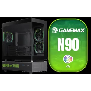 Gamemax N90 ATX Mid-Tower Gaming Case - Black / Modular Dual-Chamber Design / 512-LED Dot Matrix Display / 270° Panoramic Curved Glass Panel / ATX, M-ATX, ITX (BTF) Motherboard Support / ATX PSU Support / Support 9x 120mm or 6x 120mm + 2x 140mm Case Fans / Includes 6x 120mm ARGB Case Fans / N90-BG