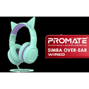 Promate Simba Over-Ear Hi-Definition SafeAudio™ Wired Headset - Emerald / 40mm Drivers / Adjustable Headband / 3.5mm Aux Connector / Audio Sharing / SIMBA.EMERALD