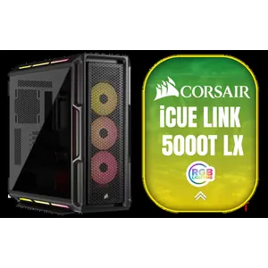 Corsair iCUE LINK 5000T LX RGB Mid-Tower High-Performance Gaming E-ATX PC Case / Sleek, uniquely contoured steel chassis / Integrated Aurora RGB Light Strips / Supports Motherboards up to E-ATX / Removable mesh front and roof high airflow panels / 3 x Pre-Installed RGB Fan Included /CC-9011298-WW