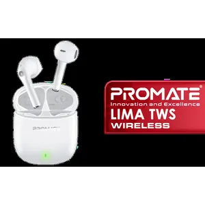 Promate Lima High-Definition TWS Wireless Earphones - White / IntelliTouch Control / ENC Noise Reduction / IPx4 Water Resistance / Up to 30 Hours Playback Time / LIMA.WHITE