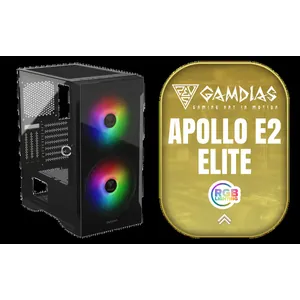 Gamdias APOLLO E2 Elite Tempered Glass Mid-Tower Gaming Case - Black / Trapezoidal Tempered Glass Panel / 2 Built-in 200mm ARGB Fans / Power Cover Design / Magnetic Dust Filter / 3 Slot Vertical VGA Slot