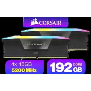 Corsair Vengeance RGB DDR5 192GB (4x48GB) DDR5 5200MHz CL38 Memory – Black / Ten-zone panoramic RGB lighting / Custom Intel XMP 3.0 profiles / Onboard voltage regulation / CMH192GX5M4B5200C38