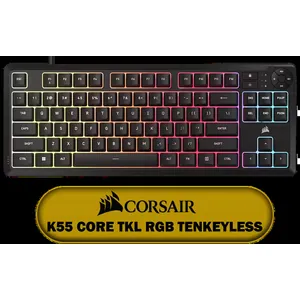 CORSAIR K55 CORE TKL RGB Gaming Keyboard / Compact Tenkeyless Design / 8-Zone RGB Backlighting / 300ml Spill-Resistant Build / Dedicated Media & Volume Controls / 1000Hz Polling Rate / 12-Key Rollover (12KRO) / Rubber Dome Switches / USB Wired Connectivity / iCUE Software Support