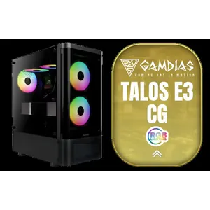 Gamdias TALOS E3 CG Gaming Case - Black / Curved Tempered Glass Panel / 3x Built-in 120mm ARGB Fans / Supports Motherboards up to ATX / Sync with 5V ARGB Motherboard / Tool-Free Installation Tempered Glass Window