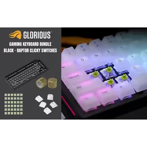 Glorious GMMK Pro Black Gaming Keyboard Bundle / GMMK Pro Gasket-mounted 75% layout Gaming Keyboard - Black, 16.8 million color RGB Lighting - GLO-GMMK-P75-RGB-B / 3 x Raptor Clicky Pre-Lubed Switches - GLO-SWT-RAPTOR-LUBED / Polychroma Translucent Keycaps - GLO-KC-POLY-RGB / GMMK PRO Rotary Knob - Gold - GLO-ACC-P75-RK-G / (Self-Assembly Required)