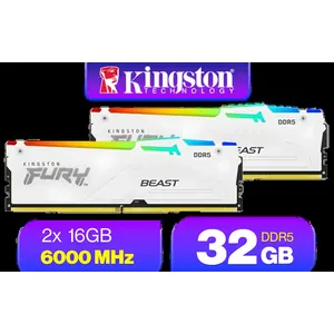 Kingston Fury Beast RGB 32GB (2x16GB) 6000MT/s DDR5 CL36 Desktop Memory - White / AMD Expo/Intel XMP / Plug N Play / Kit of 2 / KF560C36BWE2AK2-32