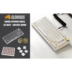 Glorious GMMK Pro Gaming Keyboard Bundle / GMMK Pro Gasket-mounted 75% layout Gaming Keyboard - White Ice, 16.8 million color RGB Lighting - GLO-GMMK-P75-RGB-W / Gateron BROWN Mechanical Switches - GAT-BROWN / PBT Mechanical Keycaps - White - GLO-KC-GPBT-W / GMMK PRO Rotary Knob - Gold - GLO-ACC-P75-RK-G / (Self-Assembly Required)