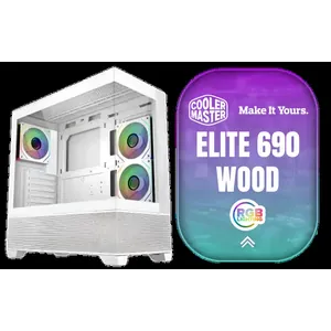 Cooler Master Elite 690 Wood Mid-Tower Gaming Case - White / ITX, Micro-ATX, ATX Motherboard Support / Up to 9 Case Fans / Pre-installed 3x 120mm ARGB Fans / E690-WHNN-S00