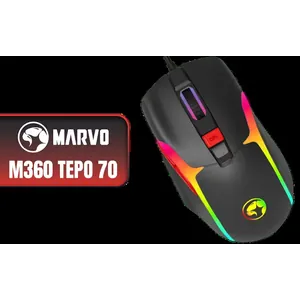 Marvo M360 Tepo 70 Wired Gaming Mouse - Black / 12800 DPI / 6-Step DPI / Polling Report: 500HZ (up to 1000HZ) / RGB backlight with 7 modes / M360