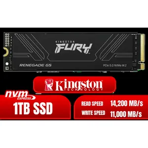 Kingston Fury Renegade 1TB PCIe Gen 5.0 NVMe M.2 Internal SSD / Maximum Read Speed 14,200 MB/s / Maximum Write Speed 11,000 MB/s / Advanced thermal design / SFYR2S/1T0