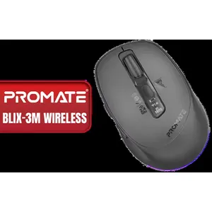 PROMATE BLIX-3M Black Silent-Click Wireless Mouse / Triple-Mode Connectivity / Bluetooth 5.1 x2 / 2.4GHz Connectivity / Multi-Device Switching (Up to 3 Devices) / Adjustable DPI Up to 1600 / OLED Status Display / RGB Lighting / Rechargeable 500mAh Battery / USB-C Charging / BLIX-3M.BLACK