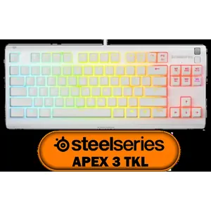 SteelSeries Apex 3 TKL RGB Gaming Keyboard - White / Tenkeyless Compact Form Factor / 8-Zone RGB Illumination / Water & Dust Resistant / Whisper Quiet Gaming Switch / Gaming Grade Anti-Ghosting / 64819