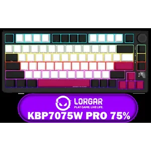 LORGAR KBP7075W Pro 75% Wireless Gaming Keyboard – Black/White / 81 Keys / Toxic Purple Linear Switches / Hot-Swappable / Gasket Mount / OLED Display / RGB Lighting / Triple Mode Connectivity / Multimedia Knob / Up to 312H Battery / Detachable Cable