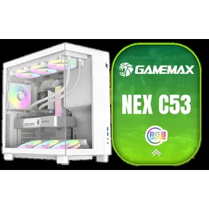 GAMEMAX NEX C53 WH ATX Gaming PC Case – White / Panoramic Tempered Glass Design / 4x ARGB Fans Pre-Installed / 360mm Radiator Support / 175mm CPU Cooler / 410mm GPU Support / Multi-Angle Fan Bracket / Front-Mounted PSU Layout / USB-C Gen2 + USB 3.0 / GPU Support Bracket