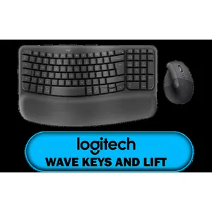 Logitech Wave Keys and Lift Wireless Keyboard And Mouse Combo / 4K DPI Optical Mouse Sensor / Cushioned Memory Foam Palm Rest / 57° Optimal Vertical Mouse Angle / Whisper-Quiet Clicks and Tactile Keys / Ergo-Certified by Leading Experts / Customizable Workflow via Logi Options+
